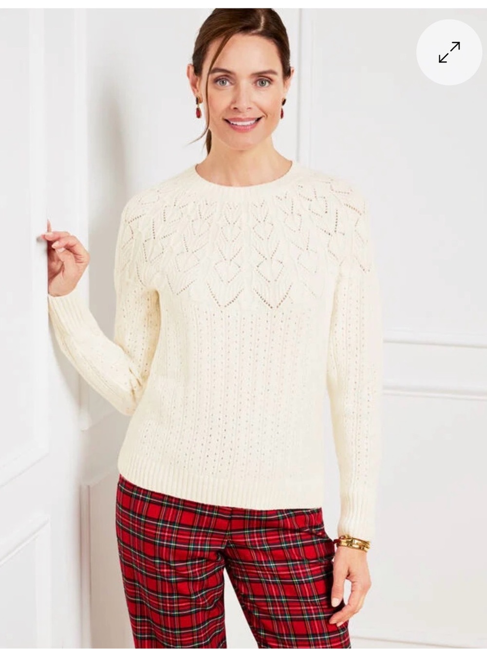 Cream Pointelle Knit Crewneck Sweater - Women